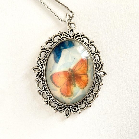 Luminous Butterflies Under Glass Pendant Orange Blue Silvertone Necklace 29.5” - Picture 5 of 6